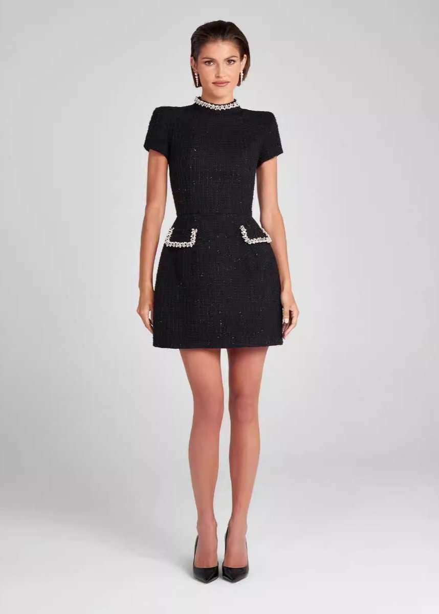 Pearl Crystal Trim Tweed Mock Neck Short Sleeve Mini Dress - View 2