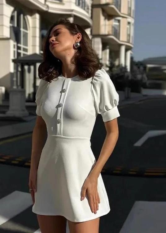 Pearl Button Peter Pan Collar Puff Sleeve A-Line Mini Dress - View 3