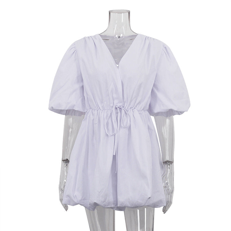 Lace up Waist Tight Sweet Balloon V neck Puff Sleeve White Dress - View 5