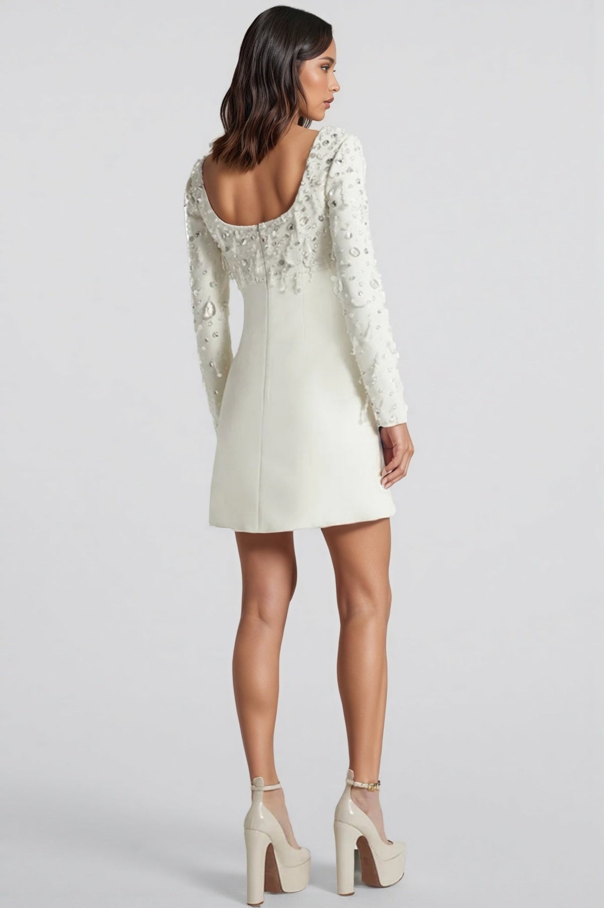 Scoop Neck Long Sleeve Rhinestone Embellished Bodice Mini Dress - View 4
