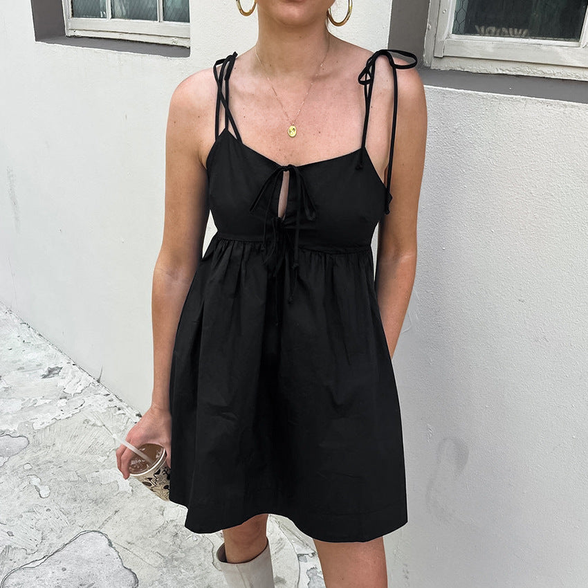 Tie Shoulder Square Neck Keyhole Pocket Babydoll Mini Dress - View 2