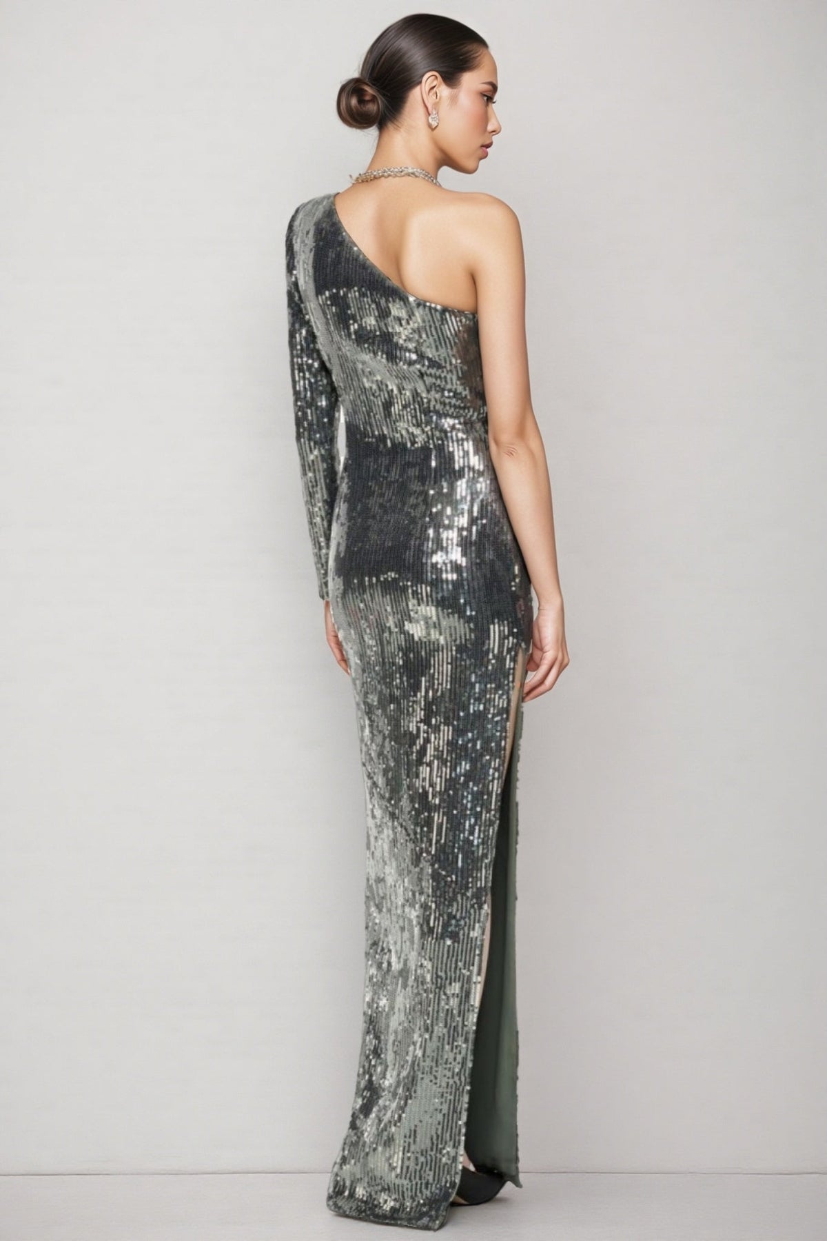 Sequin One Shoulder Long Sleeve 3D Flower Maxi Gown - View 3