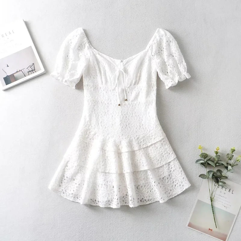Eyelet Lace Deep V-Neck Cut Out Lace Up Puff Sleeve Tiered Mini Dress - View 6