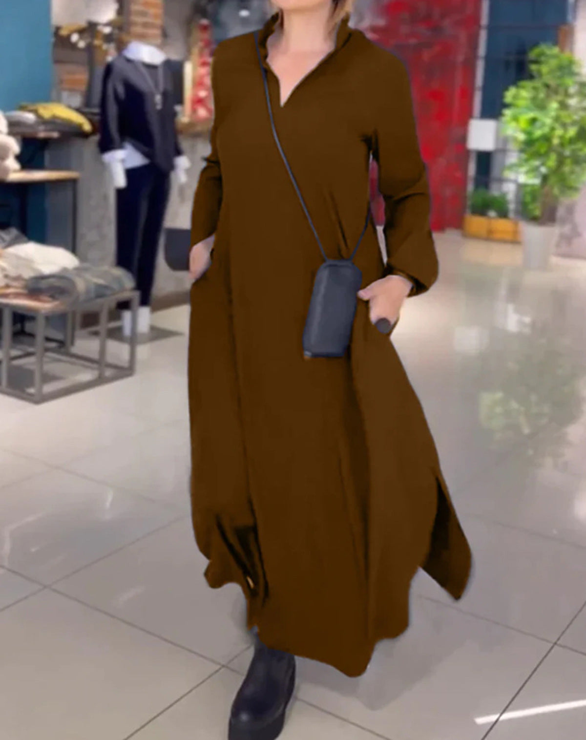 Long Sleeve Stand Collar V-Neck Pocket Side Slit Loose Maxi Dress - View 7