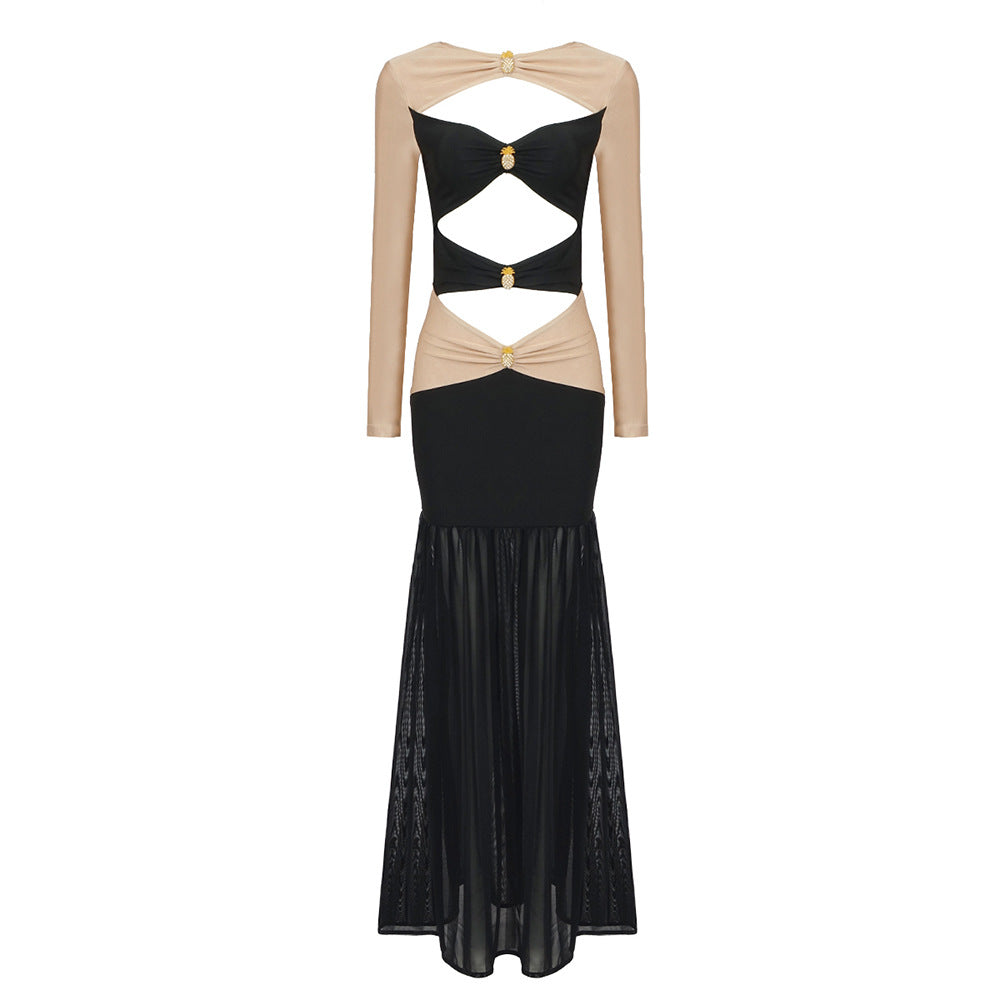 Two Colors Pineapple Decorative Long Sleeve Hollow Out Dress - View 3