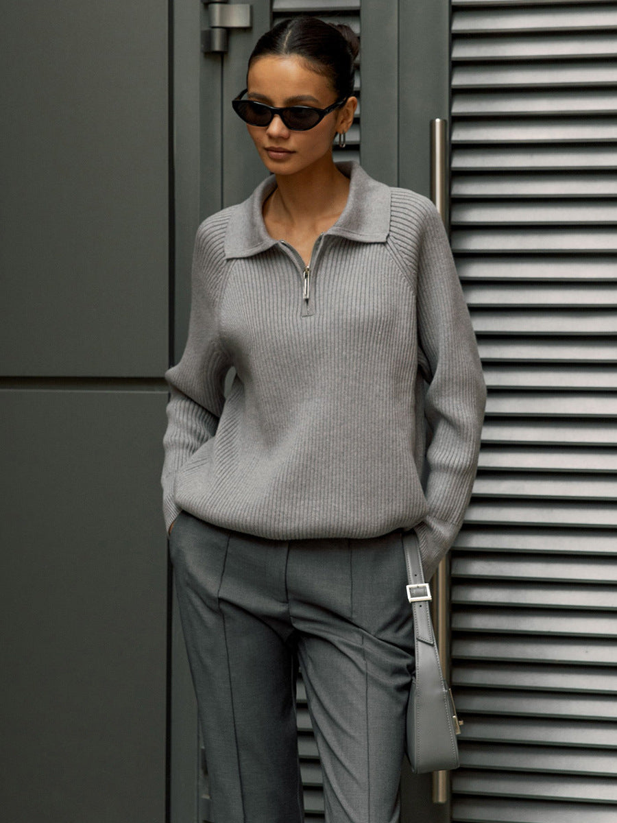 Collared Quarter Zip Ribbed Knit Sweater 7