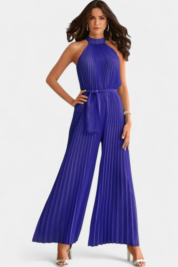 Halter Neck Pleated Belted Wide Leg Jumpsuit 14