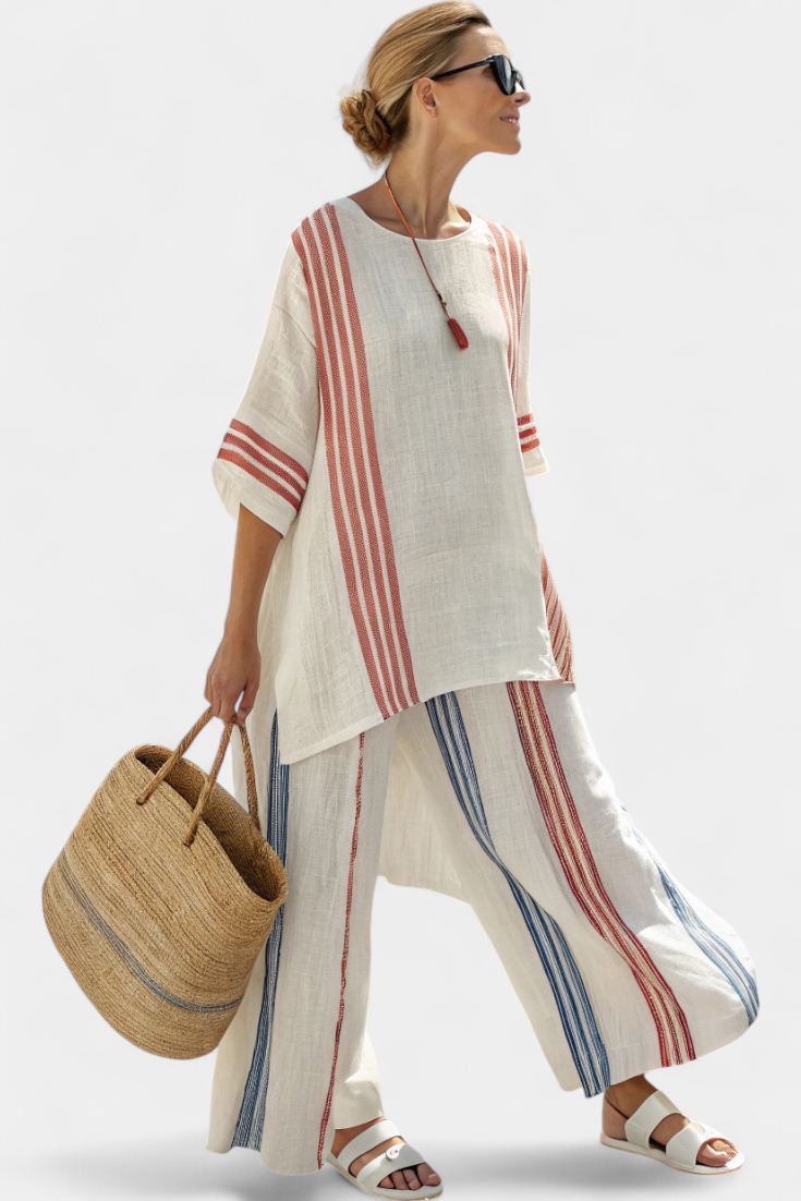 Colorblock Striped Short Sleeve Top and Wide Leg Pants Two Piece Set 2