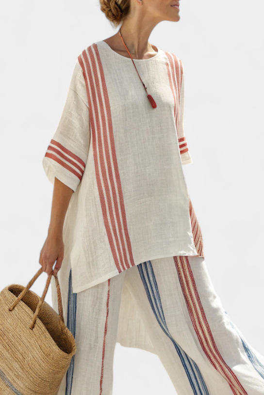 Striped Short Sleeve Tunic and Wide Leg Pants Two Piece Set 3