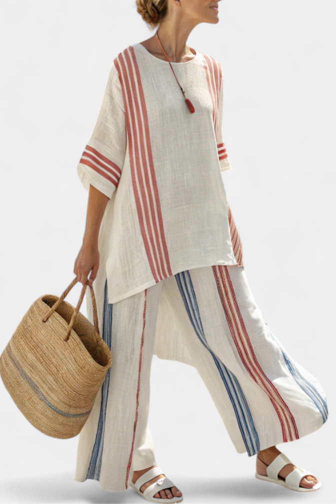 Striped Short Sleeve Tunic and Wide Leg Pants Two Piece Set 2