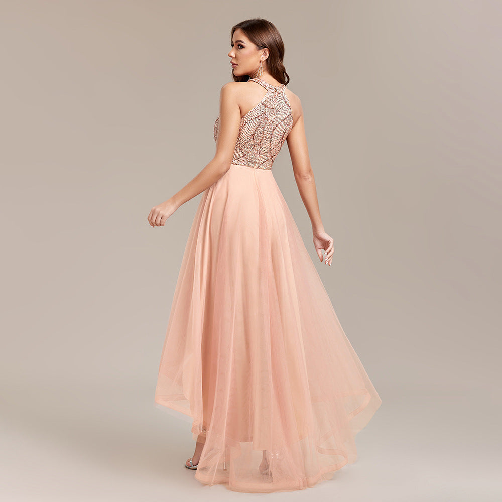 Halter Neck Sequin Tulle High Low A-Line Party Dress - View 2