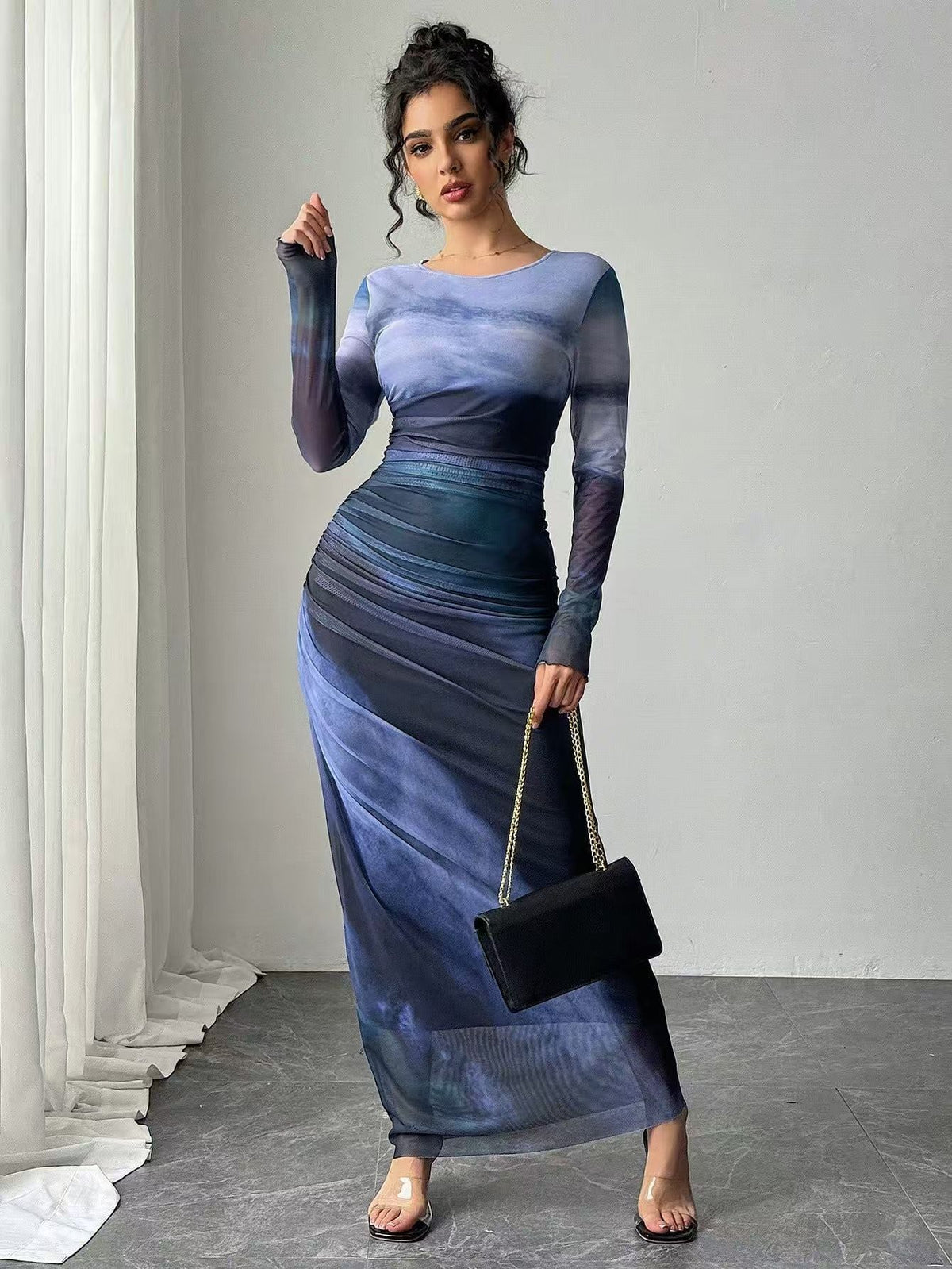 Abstract Print Mesh Ruched Long Sleeve Bodycon Maxi Dress 7