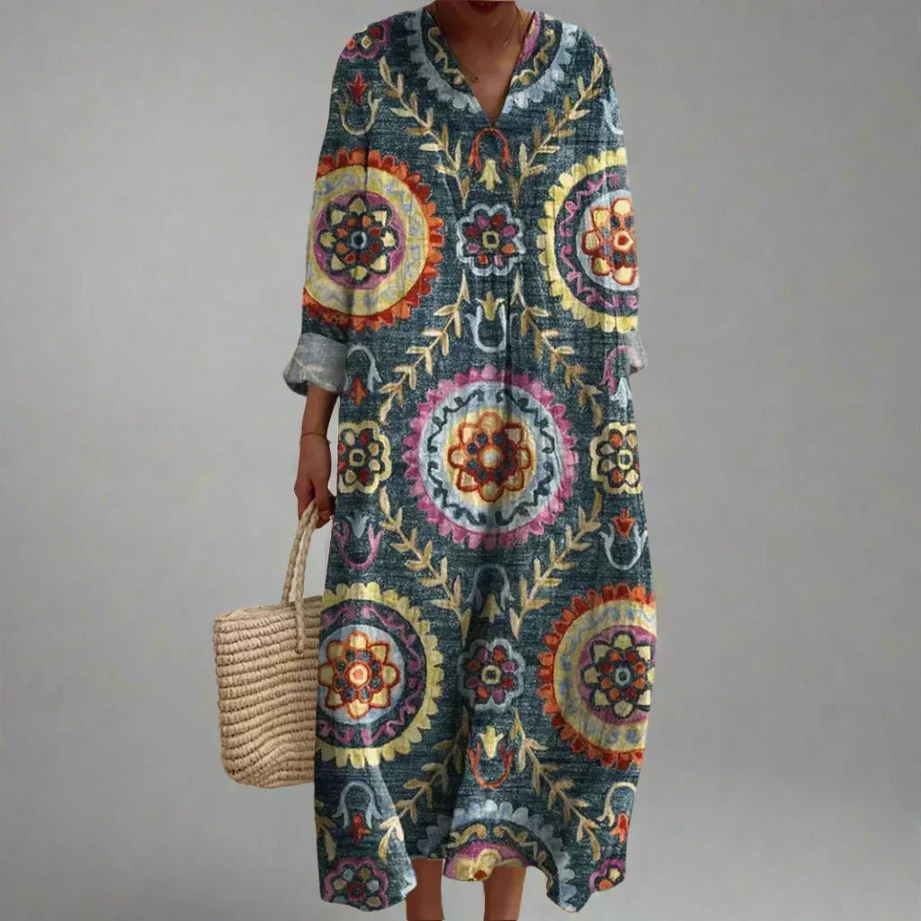 Medallion Print V-Neck Long Sleeve Maxi Dress