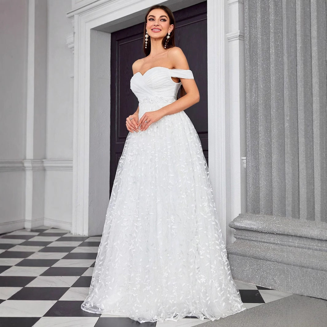 Floral Embroidered Off Shoulder Sweetheart A-Line Maxi Gown - View 2