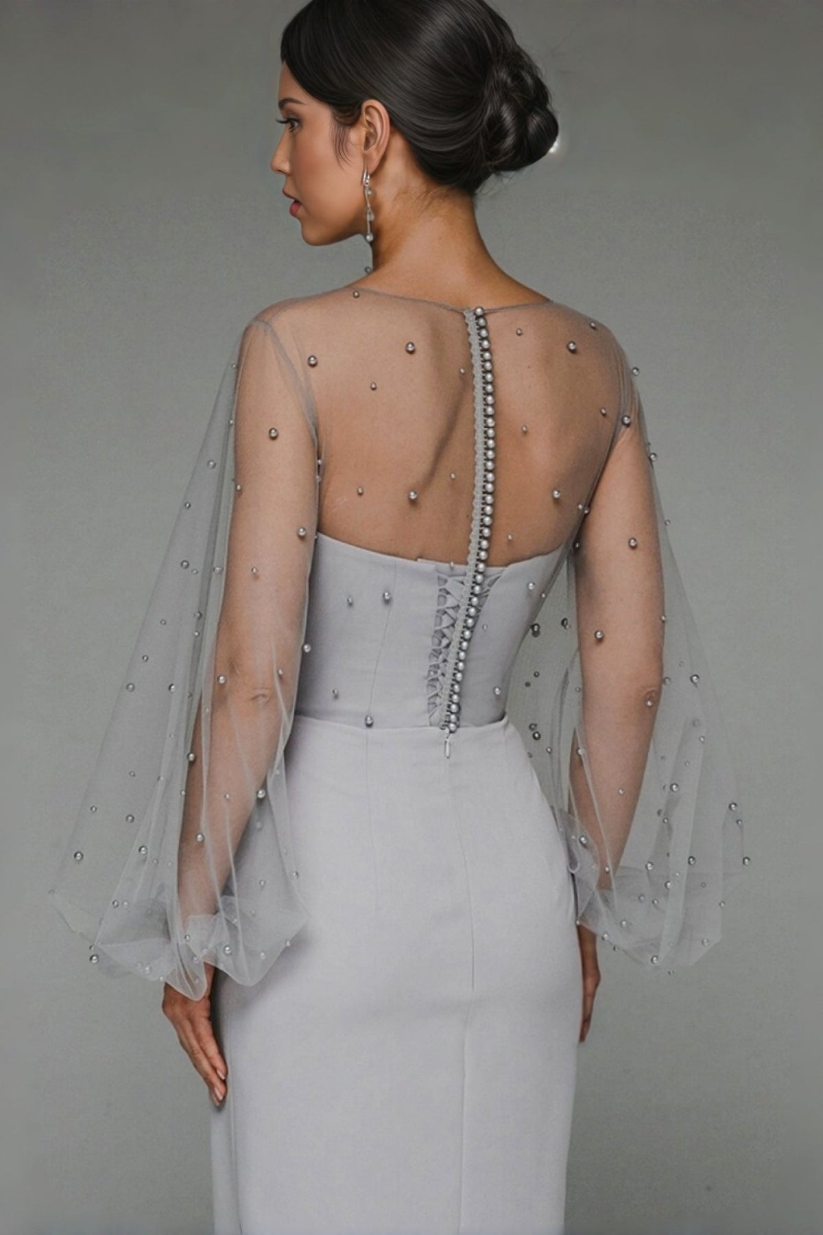 Mesh Pearl Embellished Bishop Sleeve Corset Bodice Wrap Maxi Gown - View 3