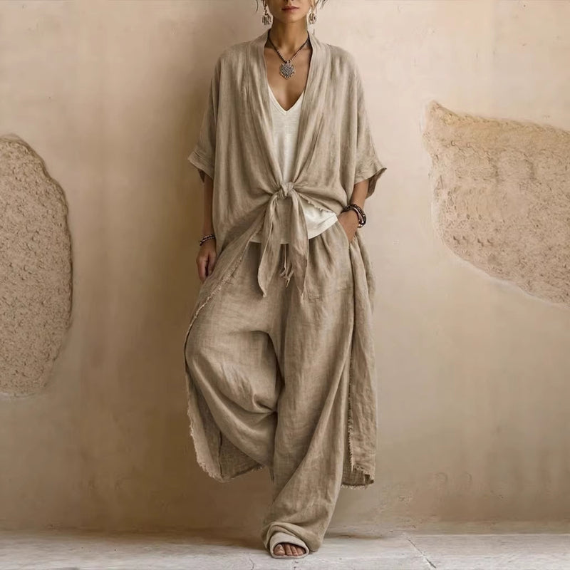 Linen Tie Front Kimono and Wide Leg Pants Two Piece Set 3