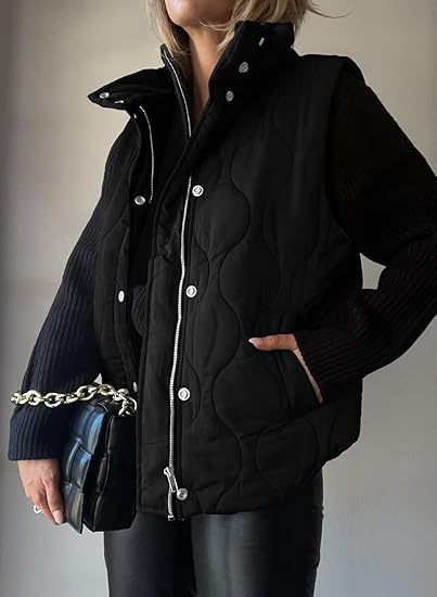 Stand Collar Zip Snap Front Quilted Puffer Vest
