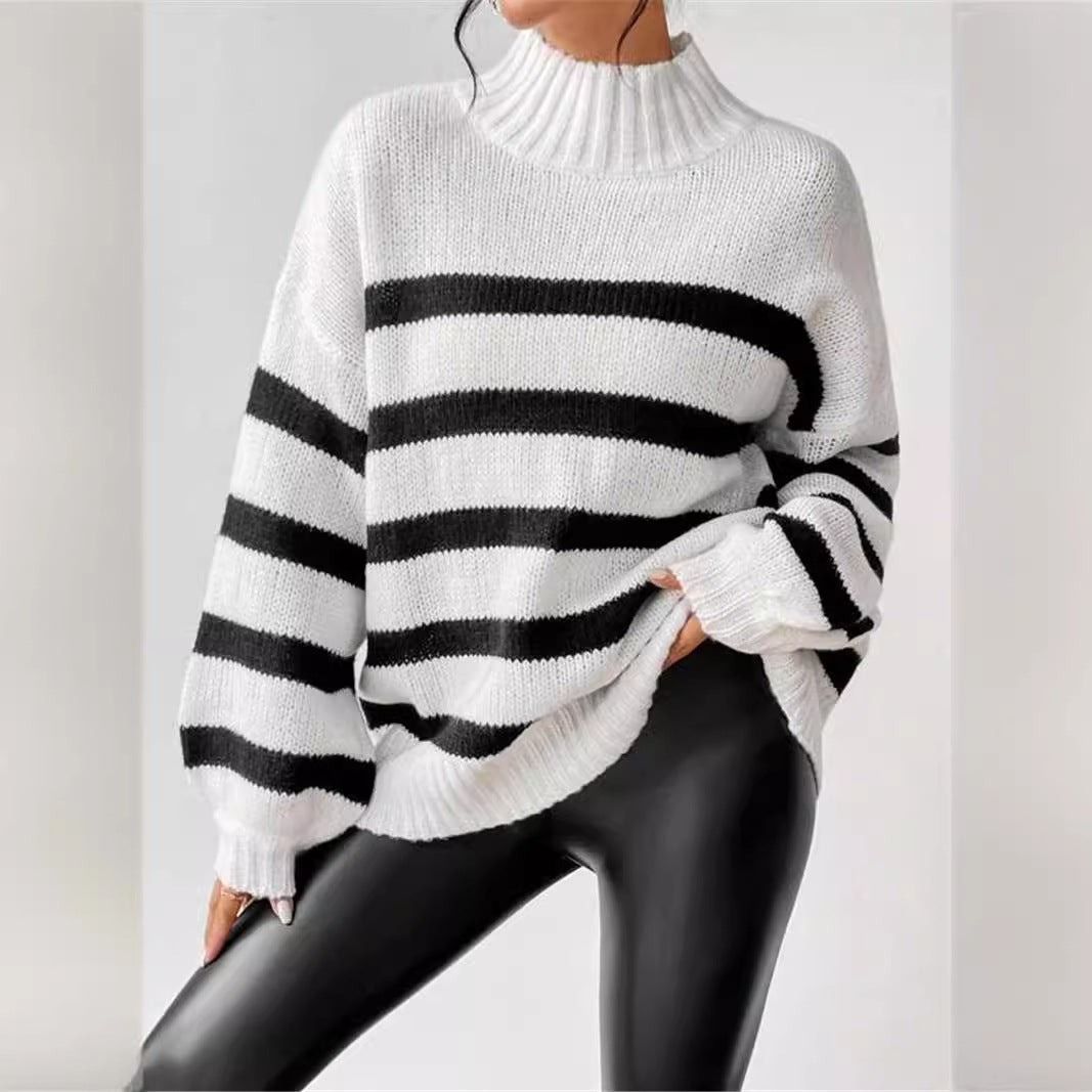 Striped Mock Neck Long Sleeve Oversized Sweater