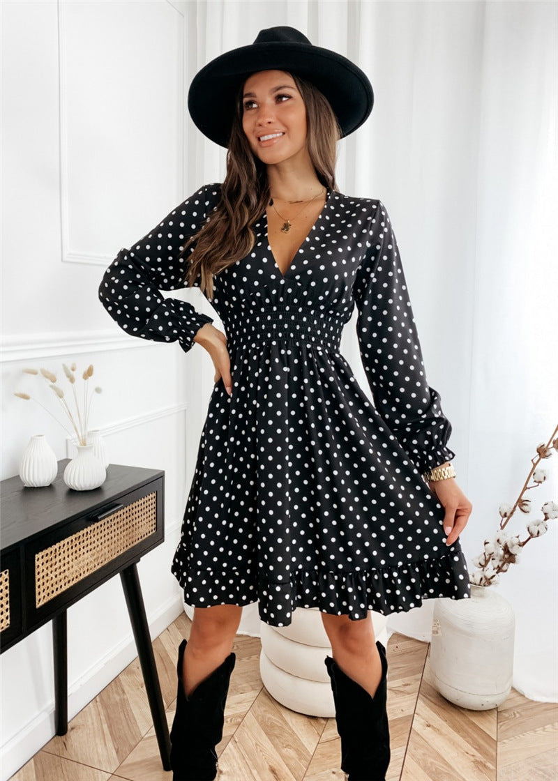 Polka Dot Deep V-Neck Long Sleeve Smocked Waist Flare Mini Dress - View 5