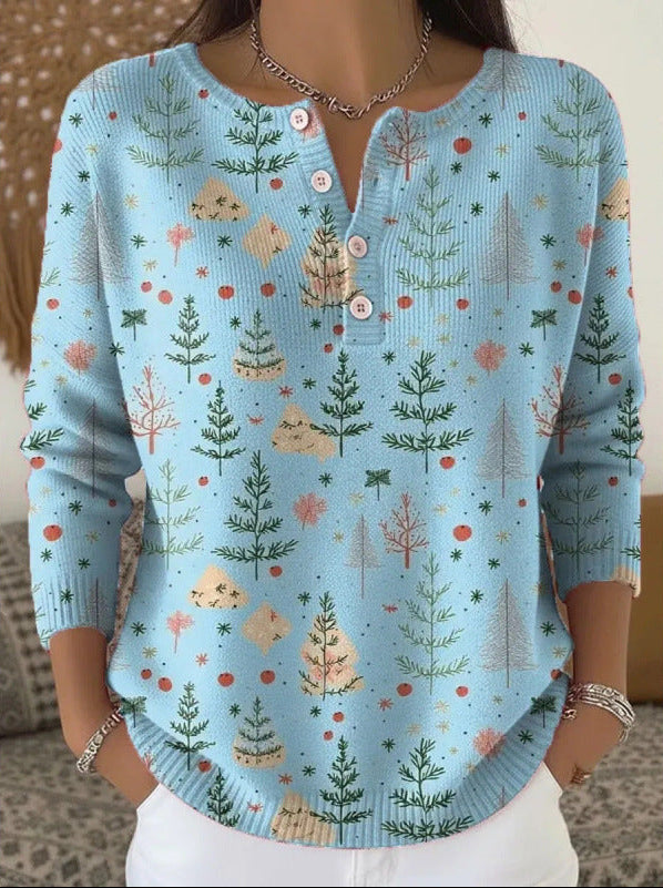 Christmas Tree Print Button Placket Long Sleeve Knit Top 2