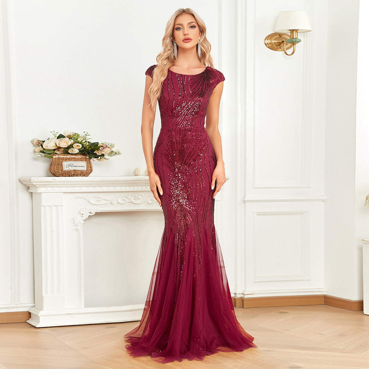 Sequin Round Neck Cap Sleeve Mermaid Fishtail Maxi Dress