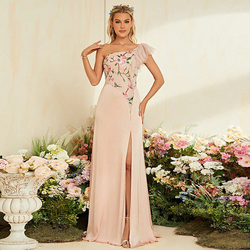 Floral Embroidered One Shoulder Ruffle High Split Chiffon Maxi Gown - View 2