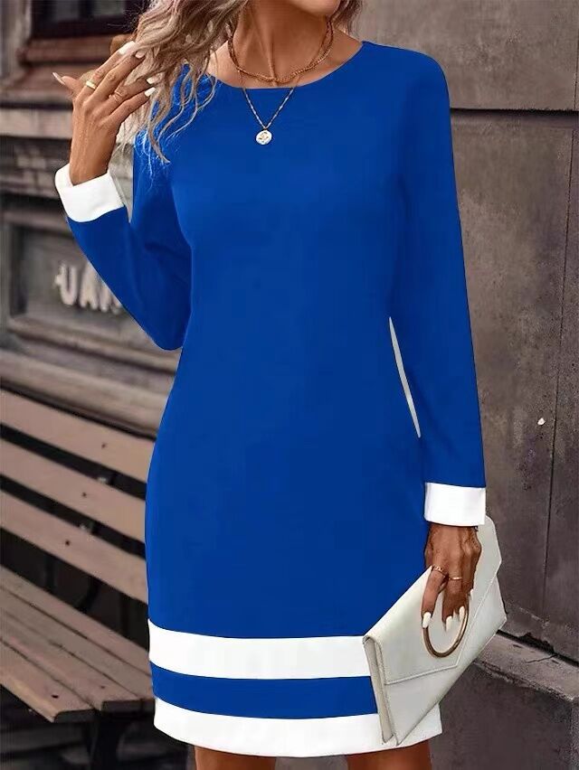 Crew Neck Long Sleeve Contrast Cuff Stripe Hem Bodycon Knee Dress - View 2