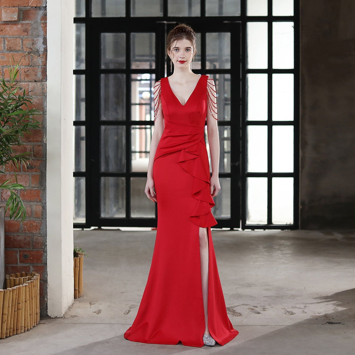 Deep V-Neck Beaded Shoulder Fringe Wrap Waist Side Maxi Gown