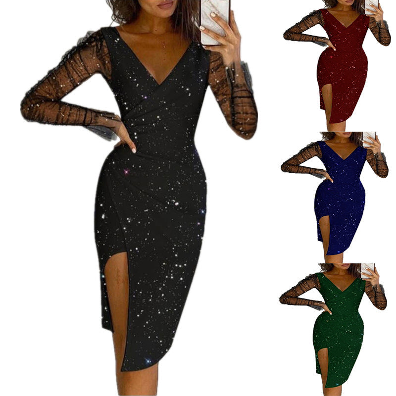 Glitter Star Print Mesh Long Sleeve Deep V-Neck Wrap Cocktail Dress - View 2