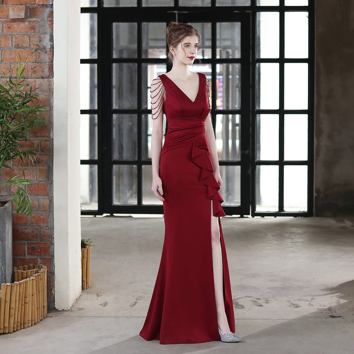 Deep V-Neck Beaded Shoulder Fringe Wrap Waist Side Maxi Gown - View 10