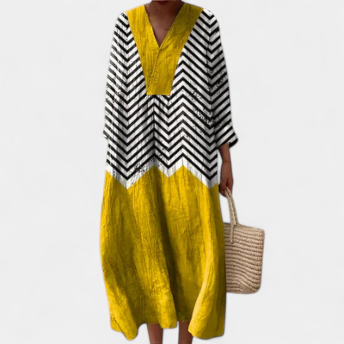 Chevron Color Block V-Neck Long Sleeve Maxi Dress