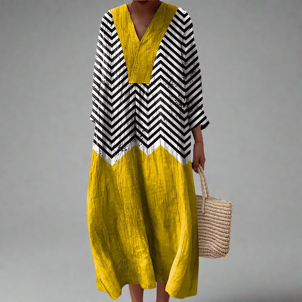 Chevron Stripe Colorblock V-Neck Long Sleeve Linen-Look Maxi Dress
