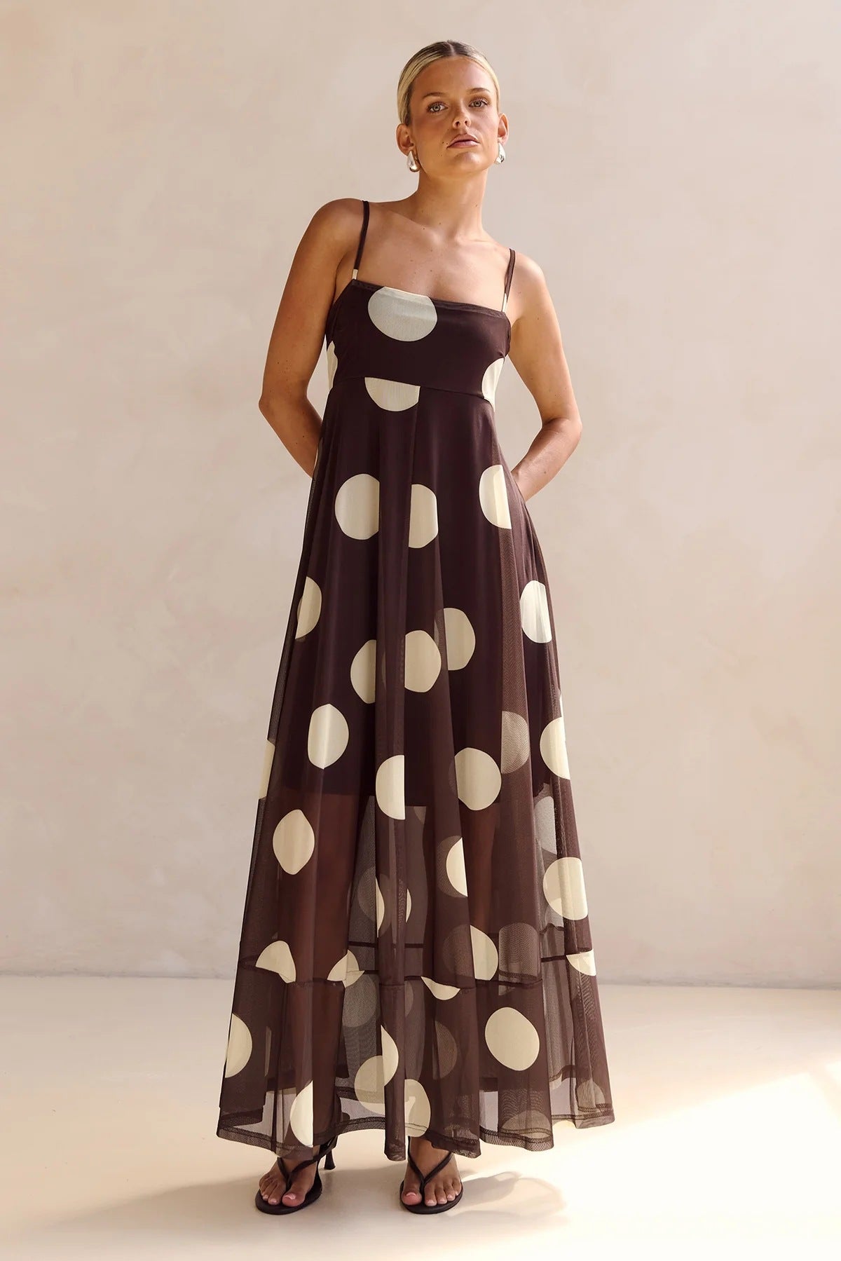 Mesh Spaghetti Strap Square Neck Flowy Tiered Maxi Dress - View 4