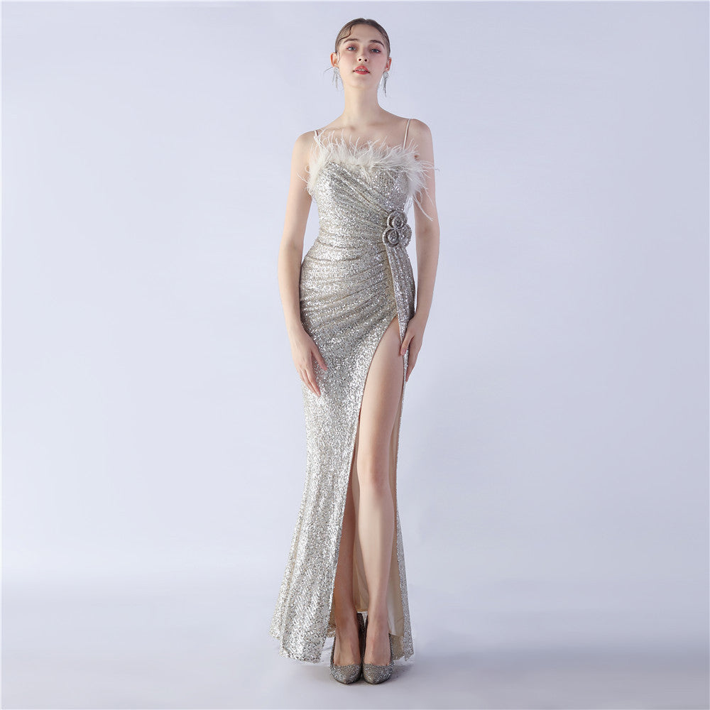 Sequin Spaghetti Strap Feather Trim High Split Mermaid Gown - View 3