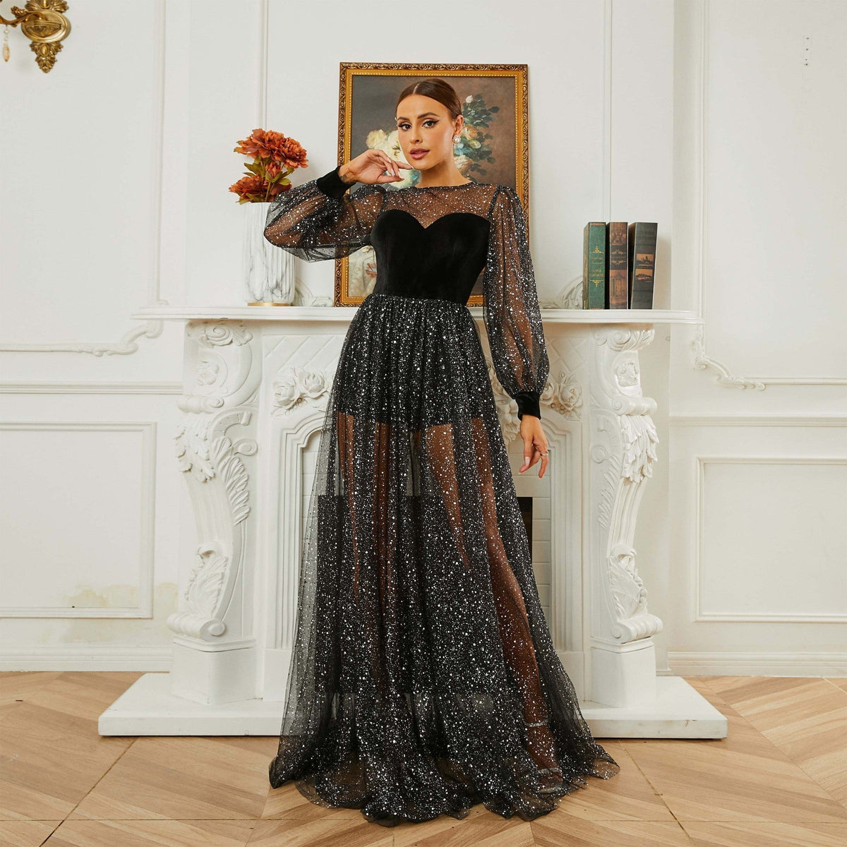 Glitter Round Neck Puff Sleeve Sheer Tulle A-Line Maxi Dress - View 5