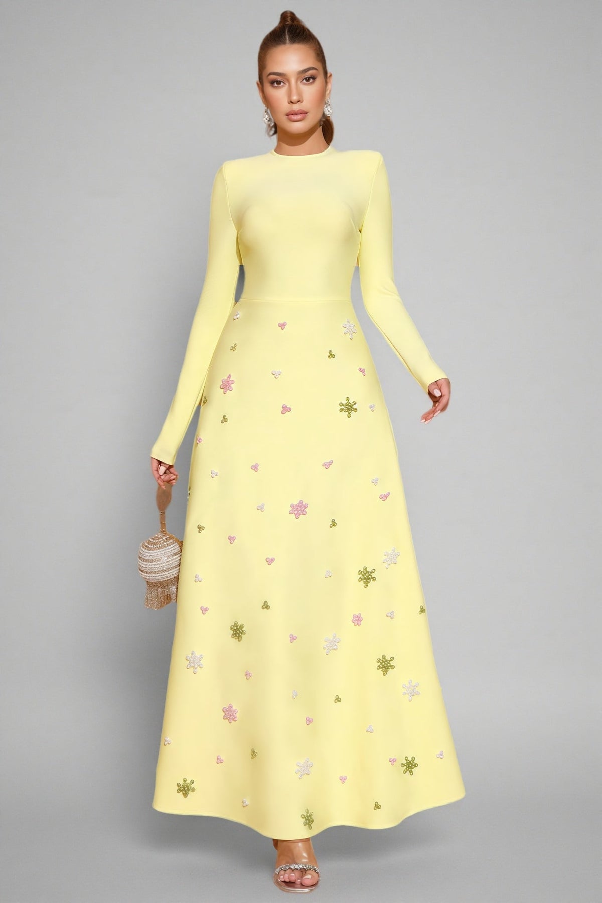 Long Sleeve Crew Neck Beaded Floral Applique A-Line Maxi Gown - View 2