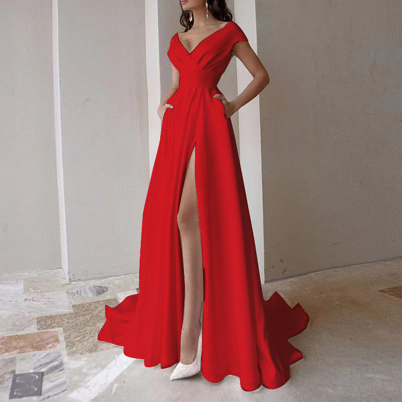 Deep V-Neck Draped Cap Sleeve High Waist High Split Pocket Gown - View 7