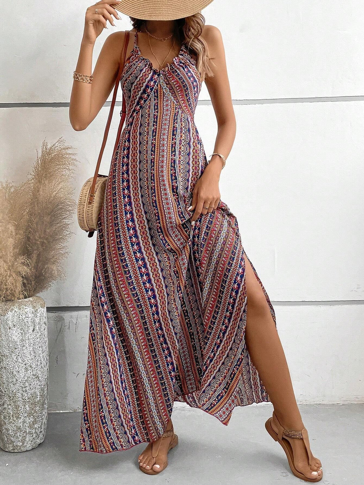 Aztec Print V-Neck Spaghetti Strap Boho Maxi Dress 3
