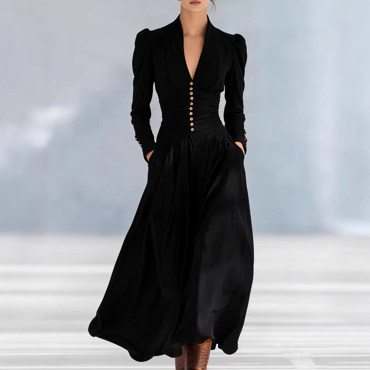 Deep V-Neck Puff Sleeve Ruched Satin Maxi Dress 8