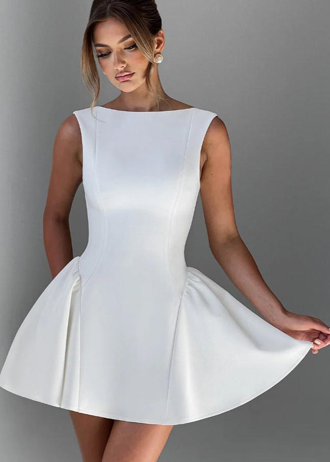 Boat Neck Sleeveless Princess Seam Structured Mini Cocktail Dress