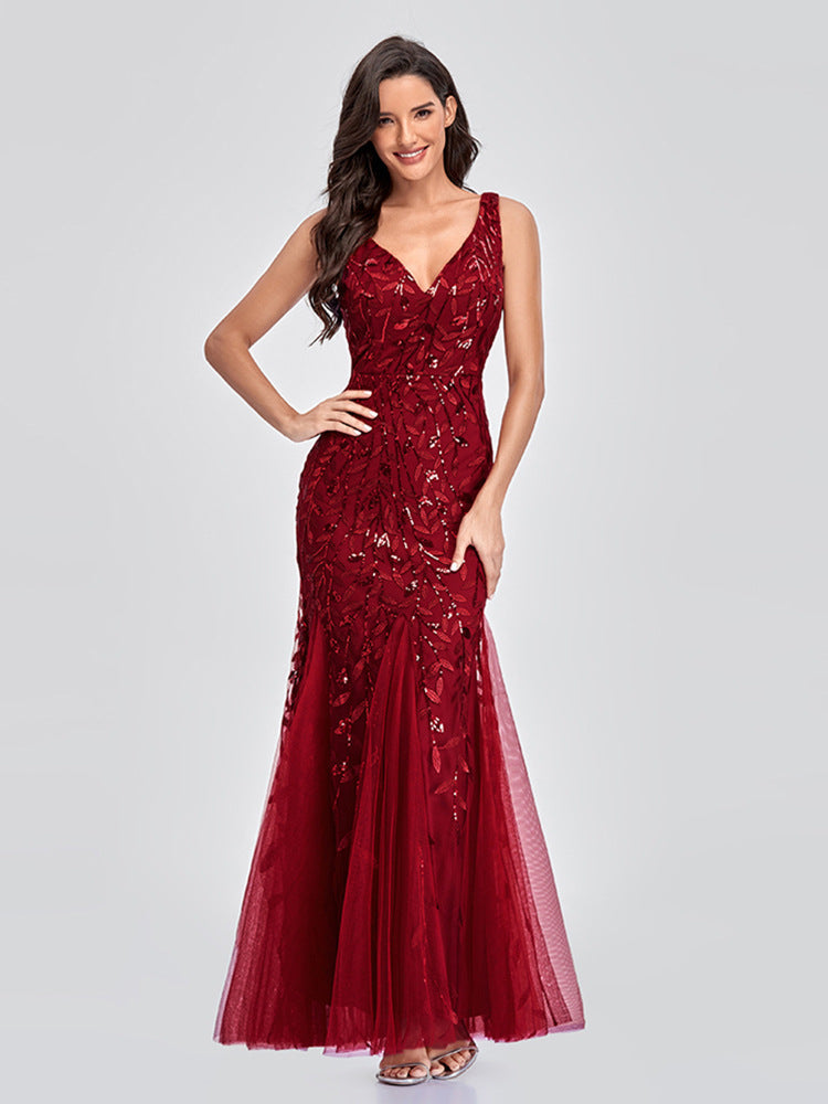 Sequin Embroidered V-Neck Sleeveless Tulle Mermaid Gown - View 9