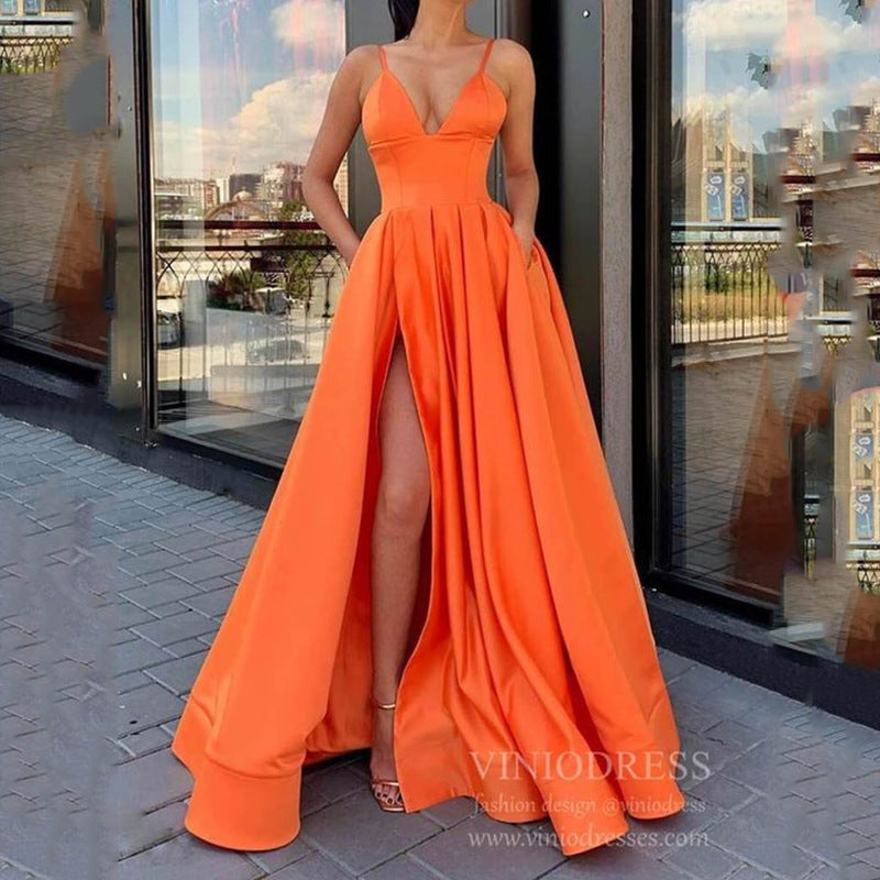 Satin Plunging V-Neck Spaghetti Strap Pleated Pocket Maxi Gown - View 4