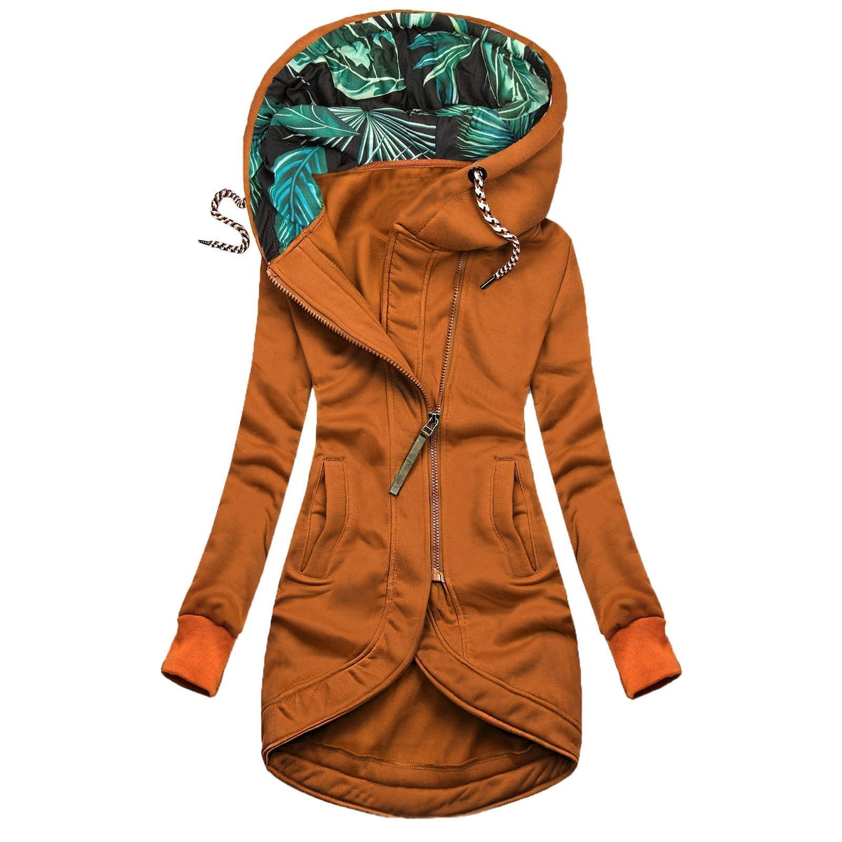 Hooded Zip Front Drawstring High Low Longline Jacket 6