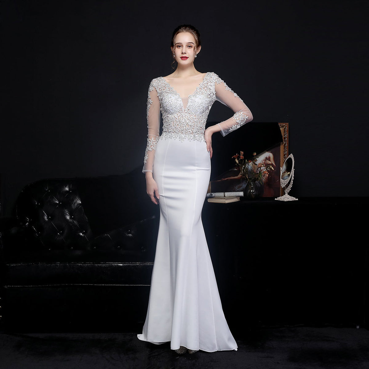 Lace V-Neck Long Sleeve Beaded Mermaid Maxi Gown - View 6