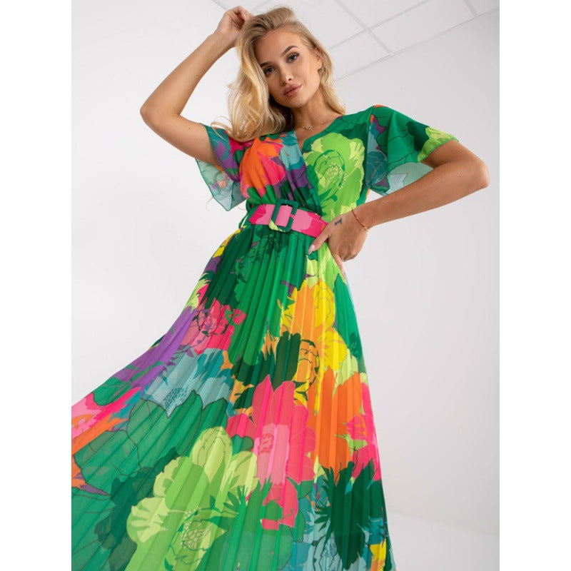 V-Neck Short Sleeve Floral Pleated Belted Midi Dress - View 2