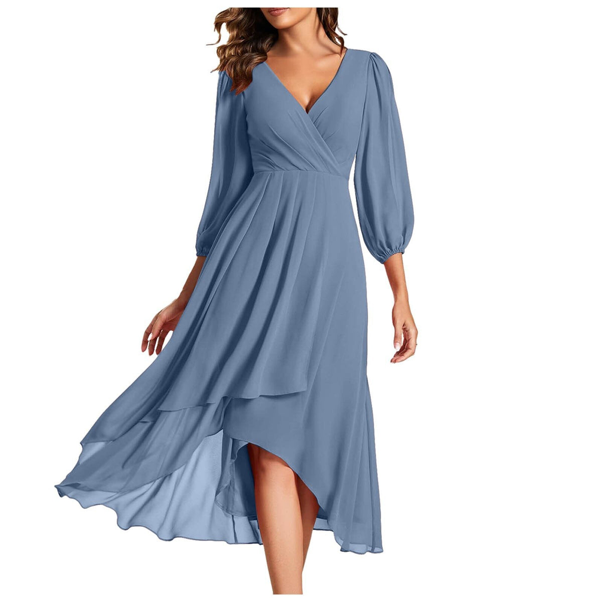 Chiffon V-Neck Long Sleeve High Low Midi Dress 3