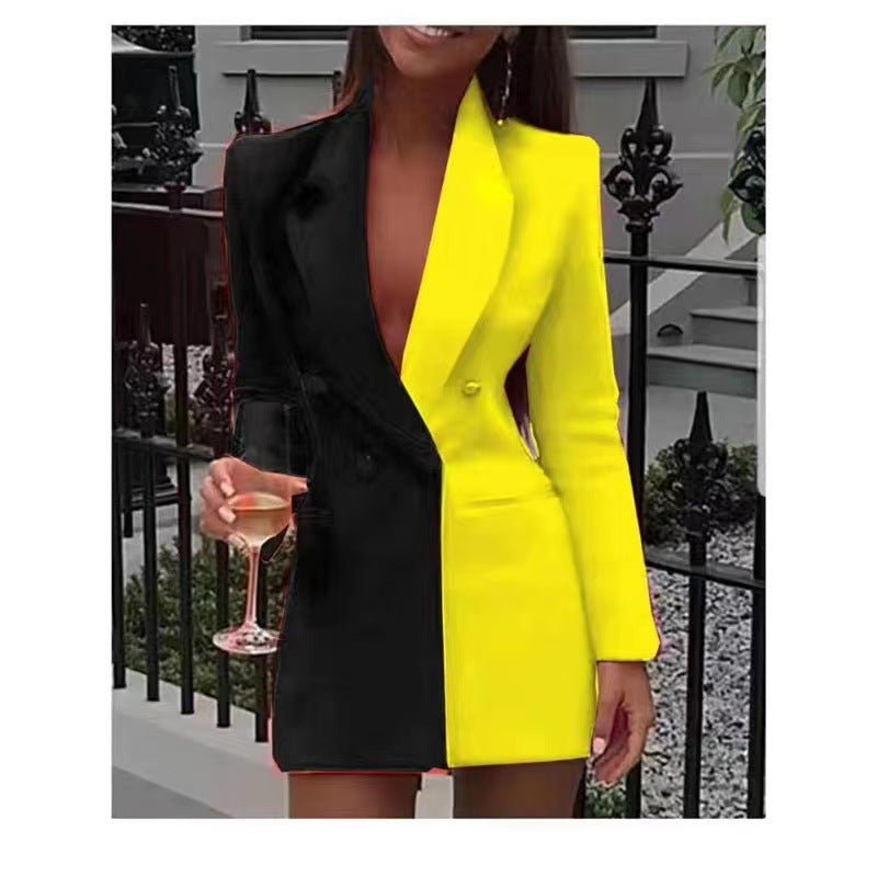 Double Breasted Flap Pocket Long Sleeve Deep V-Neck Blazer Mini Dress - View 6