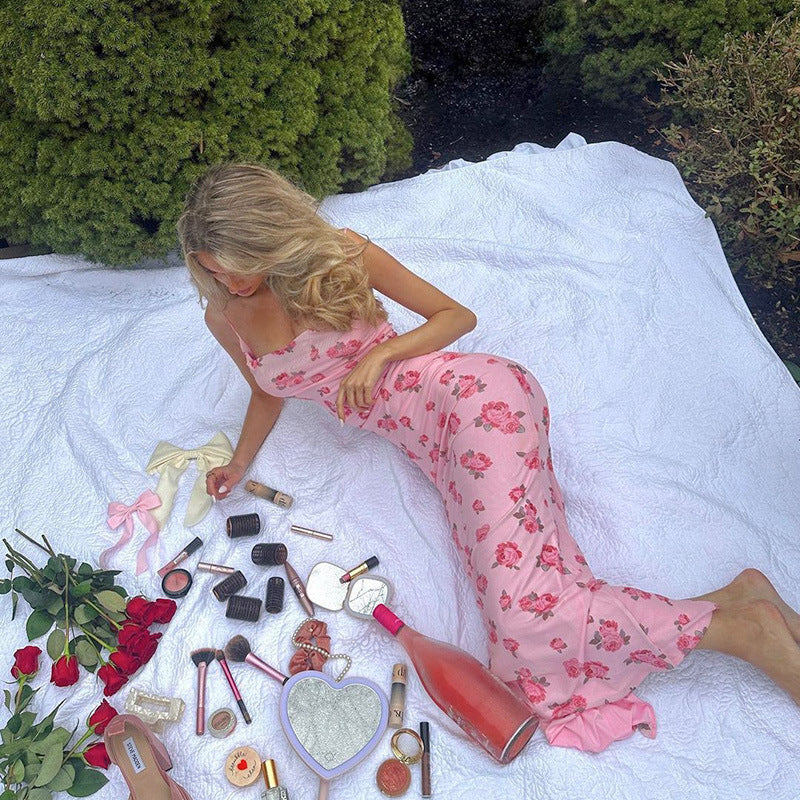Floral Print Spaghetti Strap Scoop Neck Bodycon Maxi Dress - View 5