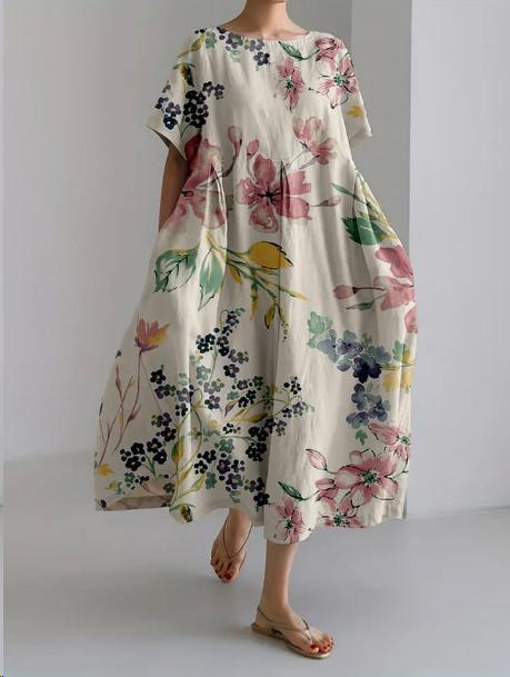 Floral Print Round Neck Drop Shoulder Short Sleeve Maxi Dress