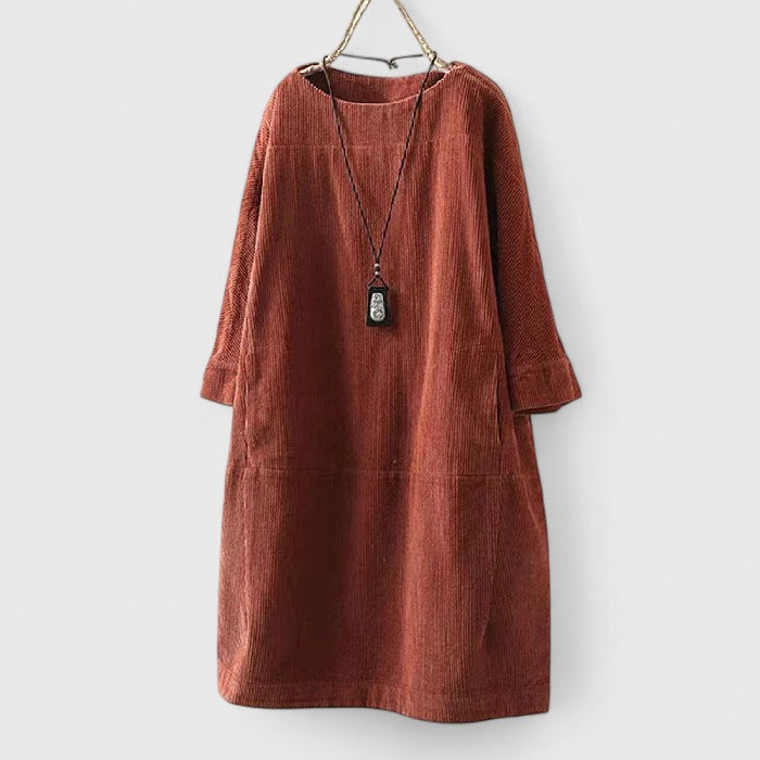 Corduroy Round Neck Long Sleeve Pocket Shift Dress 8